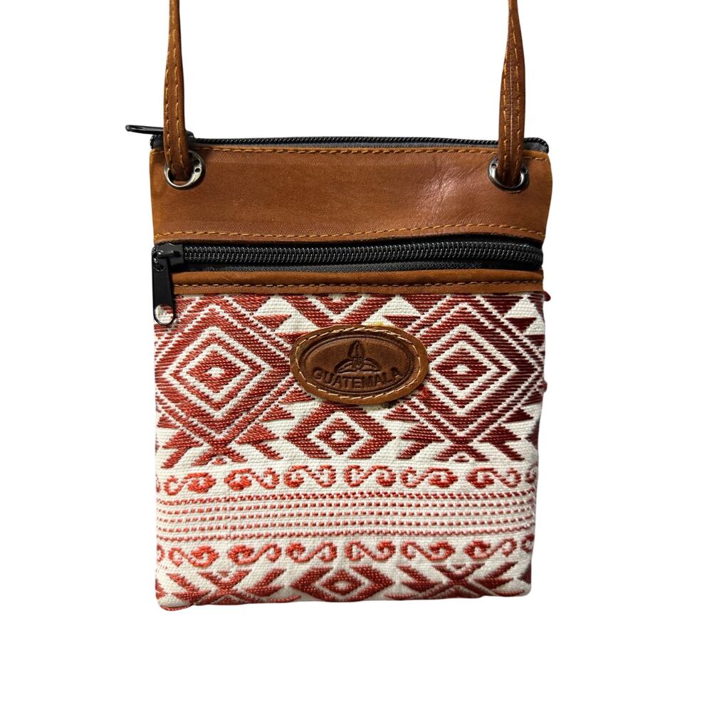 Guatemala Woven Leather Crossbody Bag Red/Cream Tribal Pattern Handmade Boho